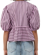 WomenStriped Print Puff Sleeve Front Tie-up Loose Casual Crop Tops Streetwear Blouse
